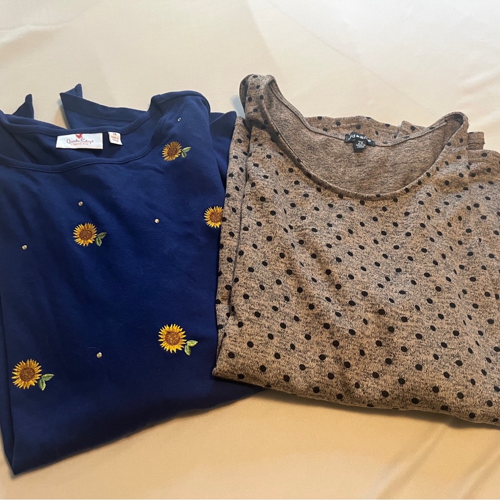 Two tops-Quacker Factory Navy pullover and polka-dot tunic